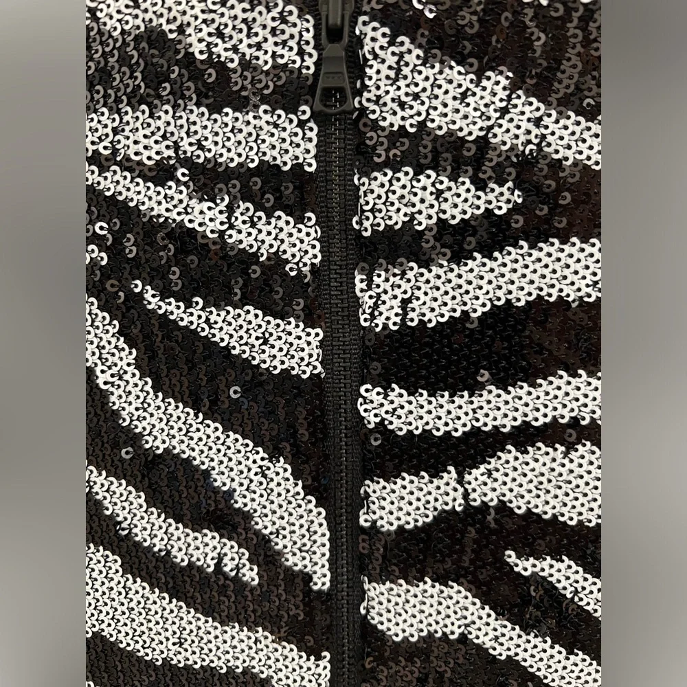 BARDOT Black White Zebra Sequined Ruched Mini Party Dress Size S/ 6 Long Sleeve